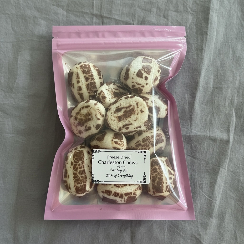 Titch of Everything freeze-dried Charleston Chews in a pink resealable bag with a white product label