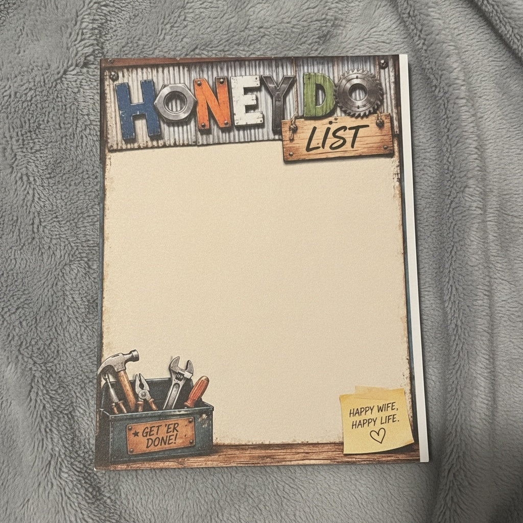 Titch of Everything Honey Do List notepad with rustic toolbox graphic and Happy Wife Happy Life sticky note detail