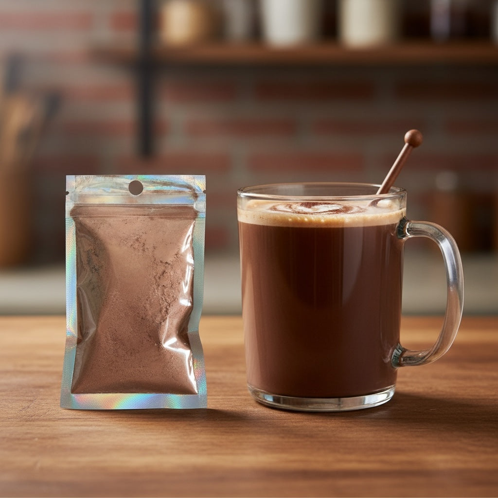 Titch of Everything gourmet hot chocolate mix in a holographic pouch next to a glass mug of prepared hot cocoa.