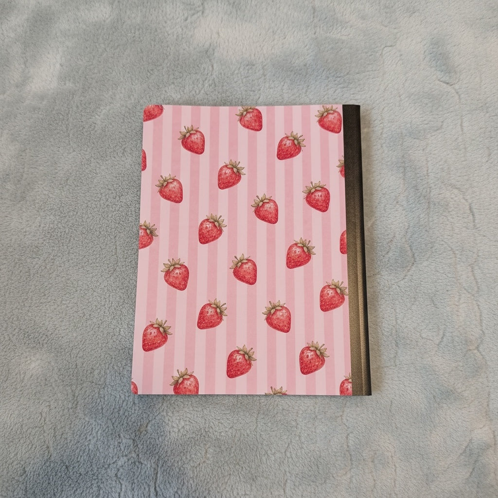 Titch of Everything composition notebook with a red strawberry pattern on a pink striped background and black spine.
