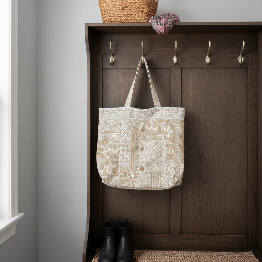 Tan Geometric Upcycled Tote Bag — One of a Kind