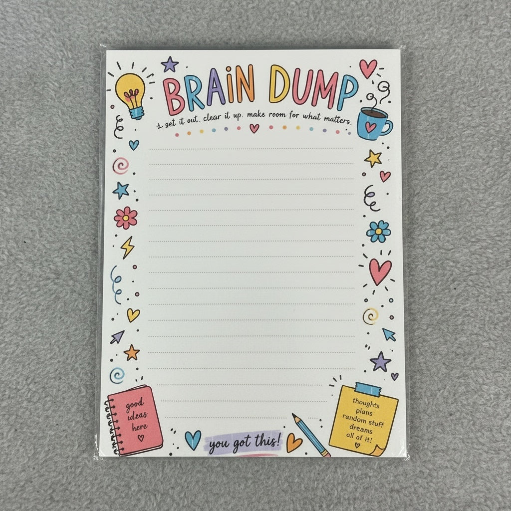 Titch of Everything Brain Dump lined notepad with colorful hand-drawn icons like lightbulbs, hearts, and flowers.