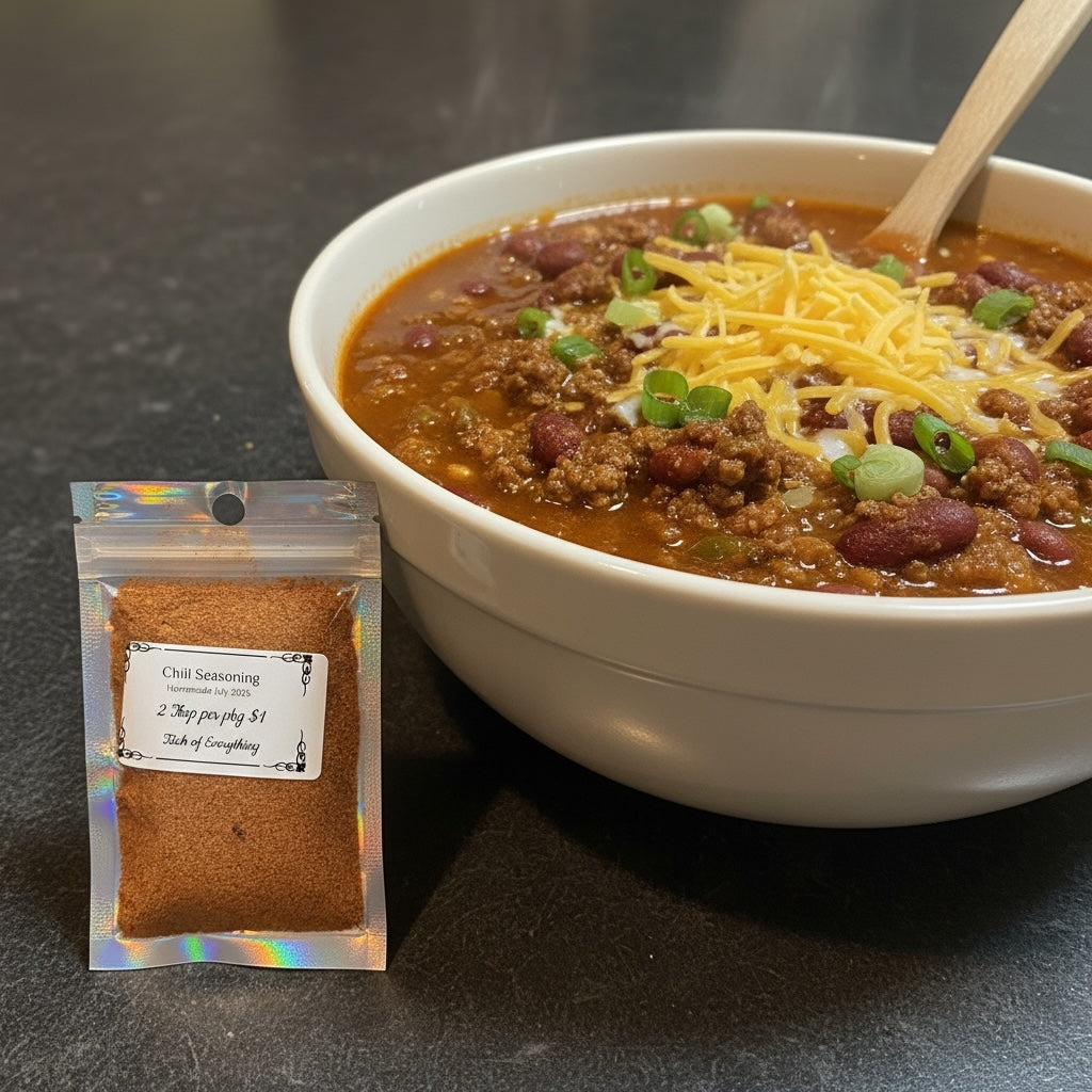 Titch of Everything chili seasoning packet next to a white bowl of hearty beef and bean chili topped with cheese