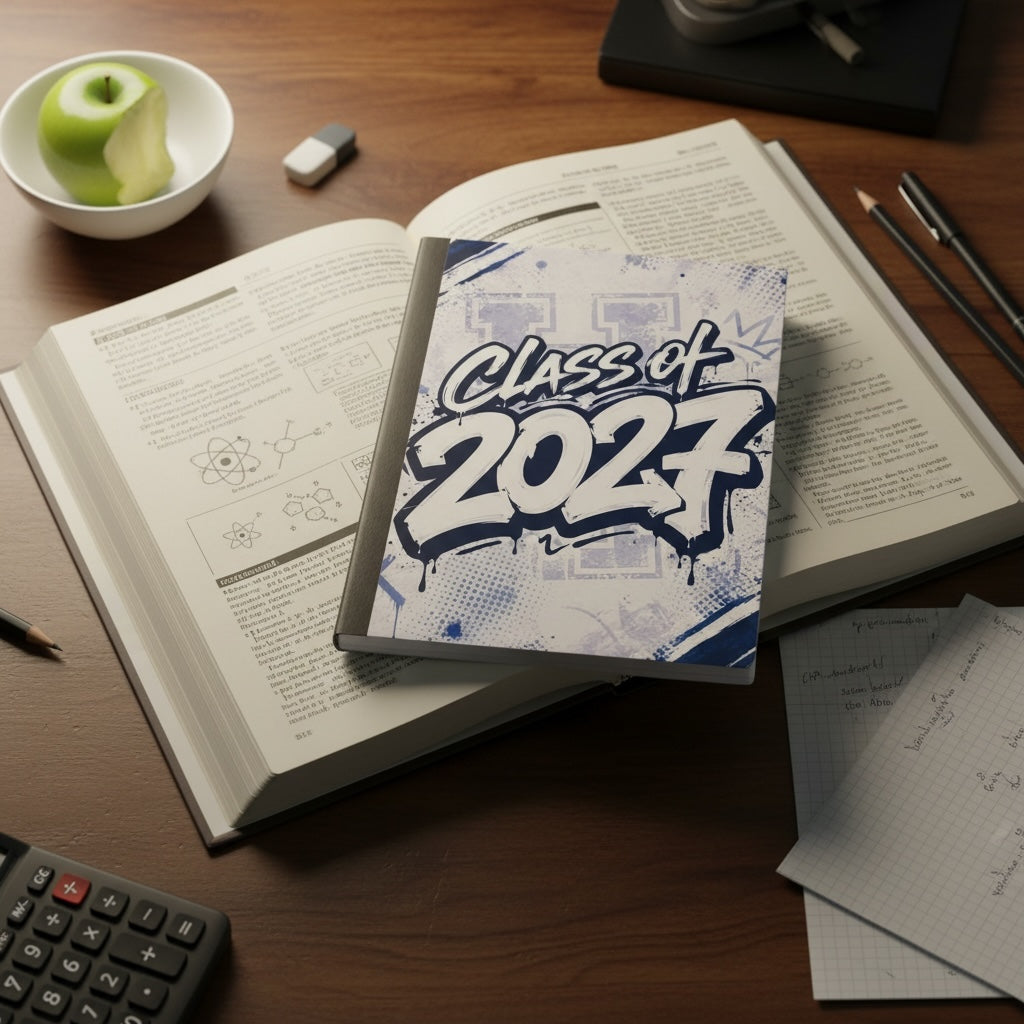 Titch of Everything Class of 2027 notebook with blue graffiti design resting on an open textbook on a wooden desk.