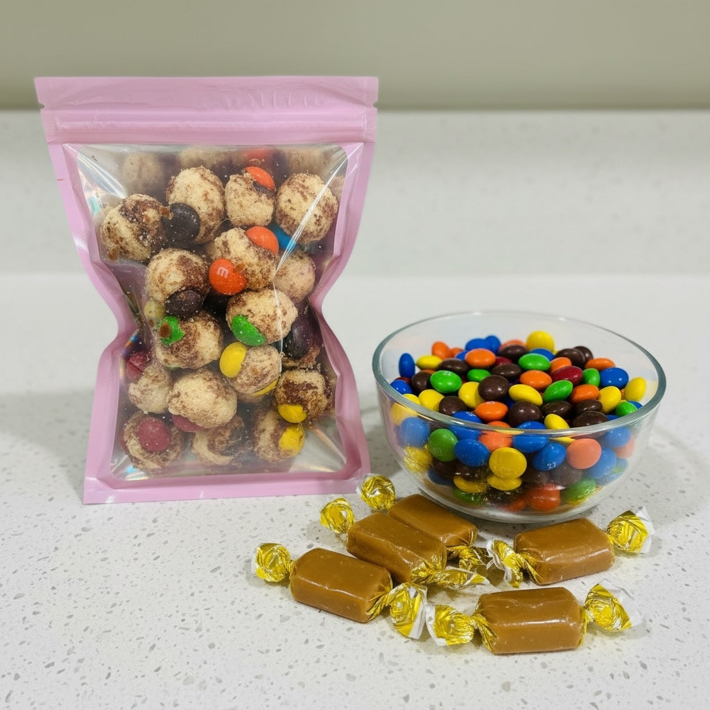 Titch of Everything assorted snack mix featuring cookie dough bites, colorful chocolate candies, and chewy caramels.