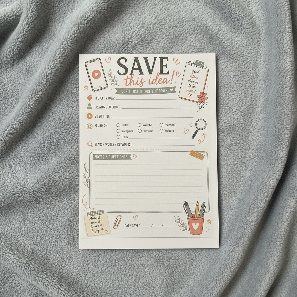 Titch of Everything social media content planner notepad with aesthetic illustrations on a soft grey blanket background.