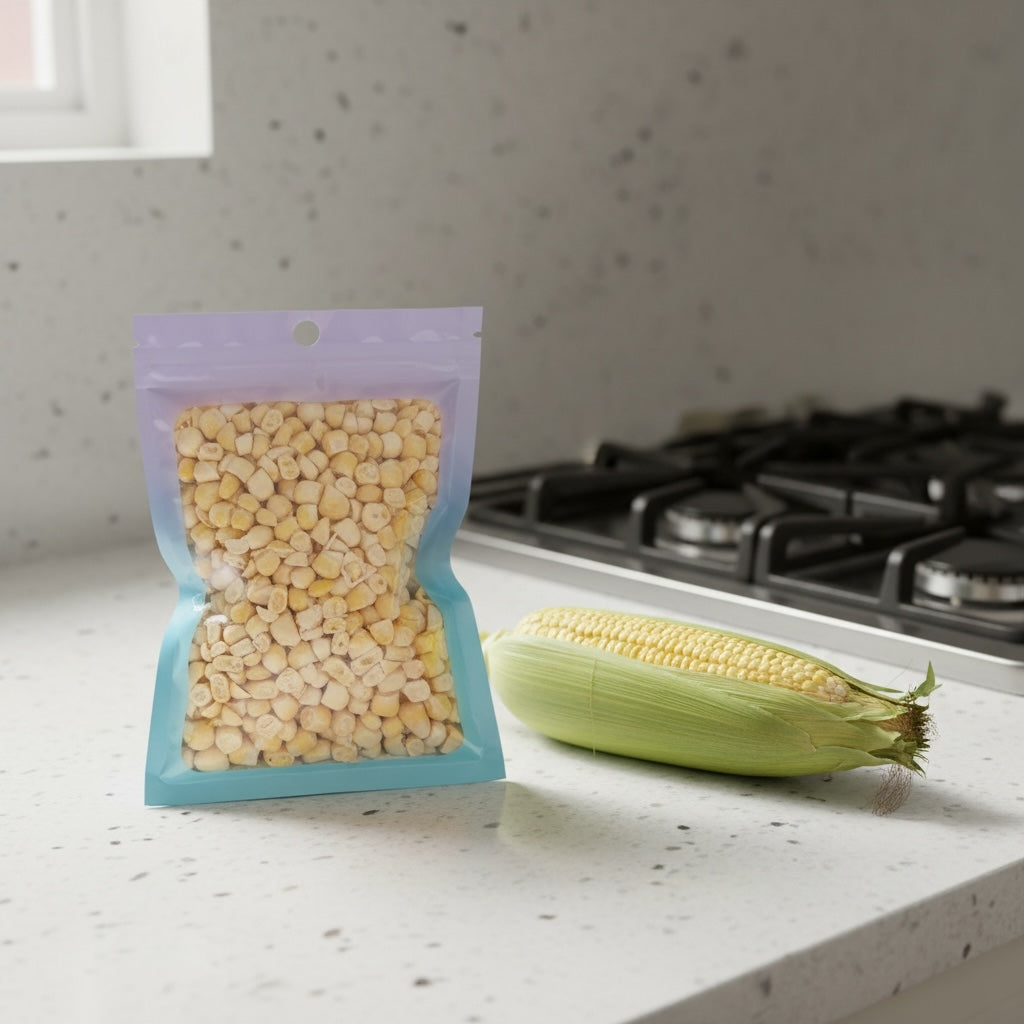 Titch of Everything resealable pouch filled with dried corn kernels next to a fresh ear of corn on a kitchen counter.