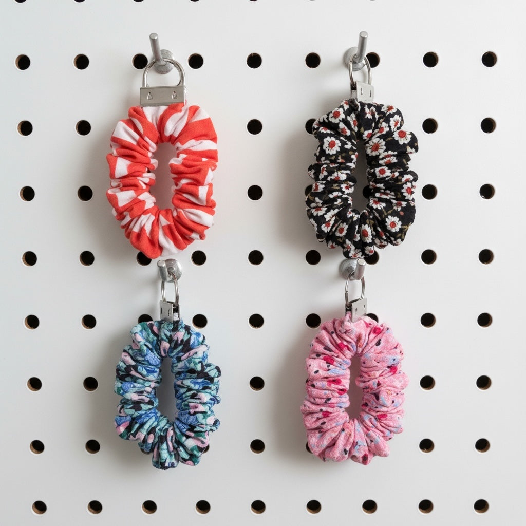 Titch of Everything fabric scrunchie keychains in red, black, blue, and pink floral patterns on a white pegboard.