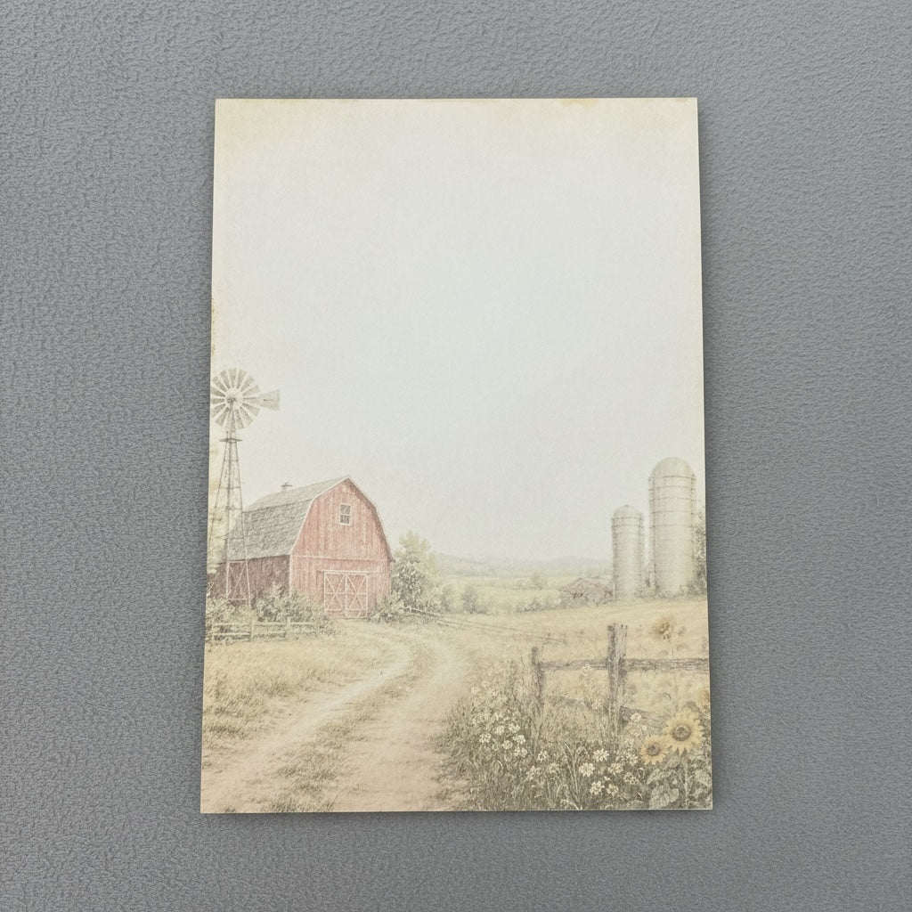 Titch of Everything farmhouse stationery featuring a red barn, windmill, and sunflowers on premium writing paper.