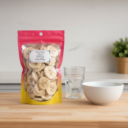 Titch of Everything freeze-dried banana slices in a vibrant pink and yellow stand-up pouch on a wooden kitchen counter.