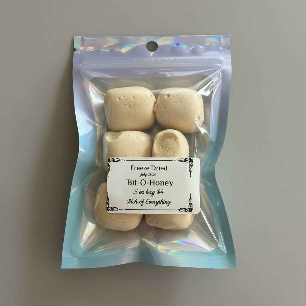 Titch of Everything freeze-dried Bit-O-Honey candy pieces in a resealable holographic pouch