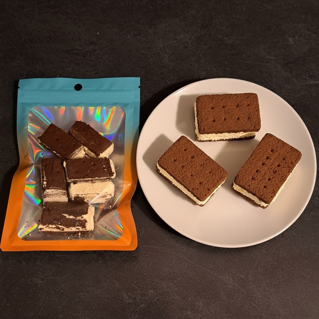 Titch of Everything freeze-dried chocolate sandwich cookies with vanilla cream filling on a plate and in a pouch.