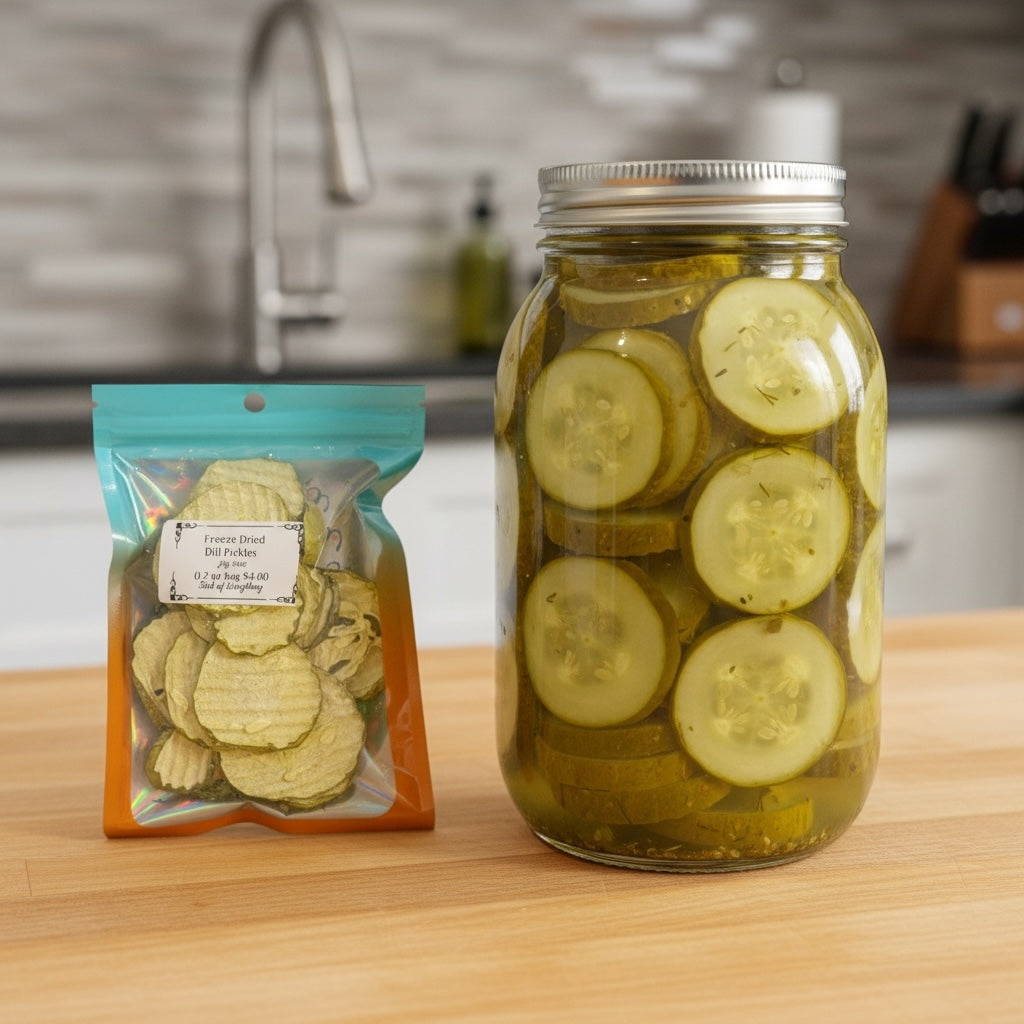 Titch of Everything freeze-dried dill pickle slices in a small pouch next to a large glass jar of traditional pickles.