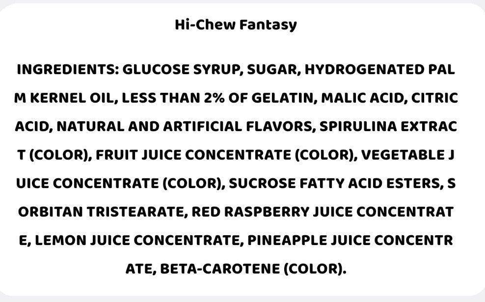 Titch of Everything Hi-Chew Fantasy freeze-dried fruit candy ingredient label showing natural and artificial flavors