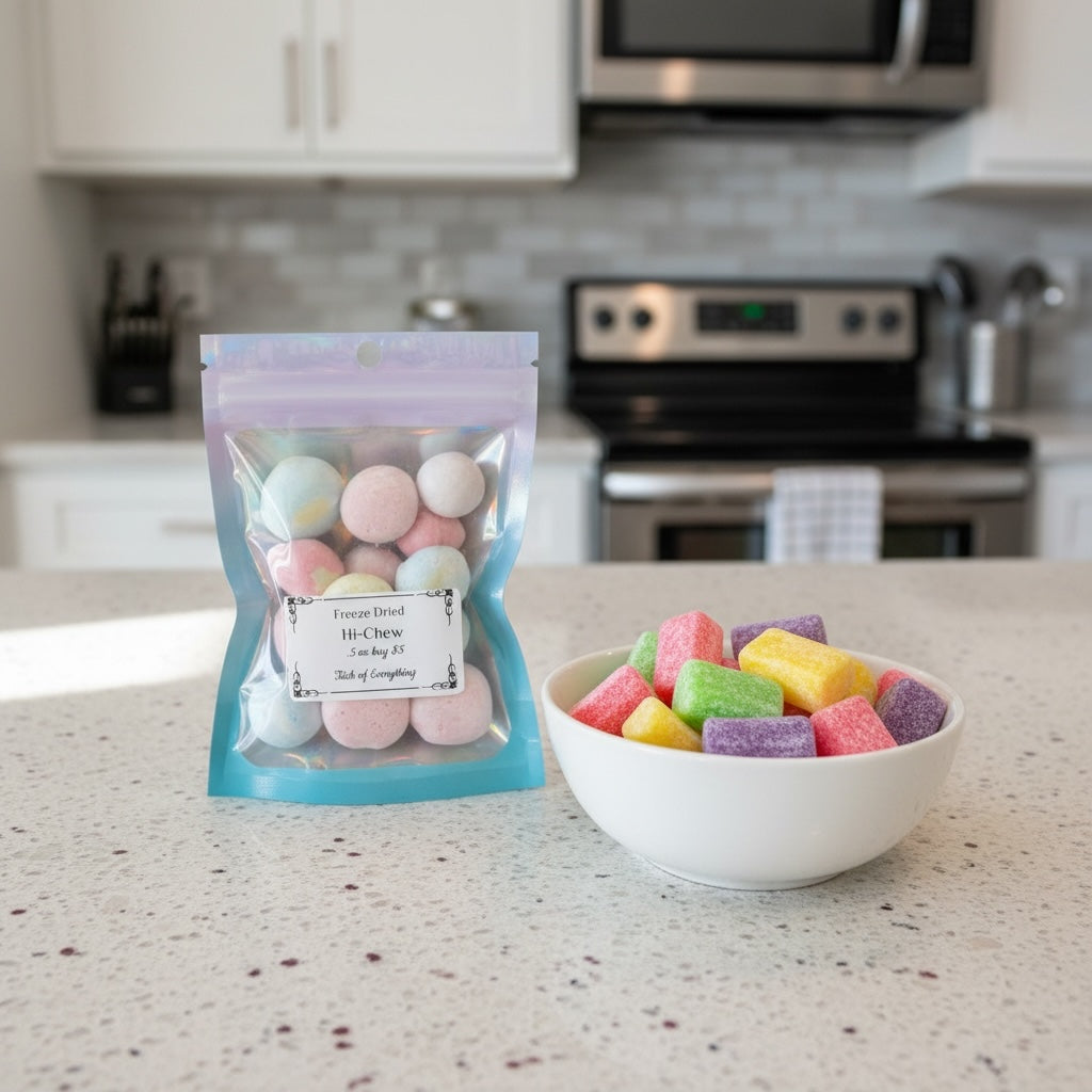 Titch of Everything freeze-dried fruit chews in a resealable pouch next to a white bowl filled with colorful candy