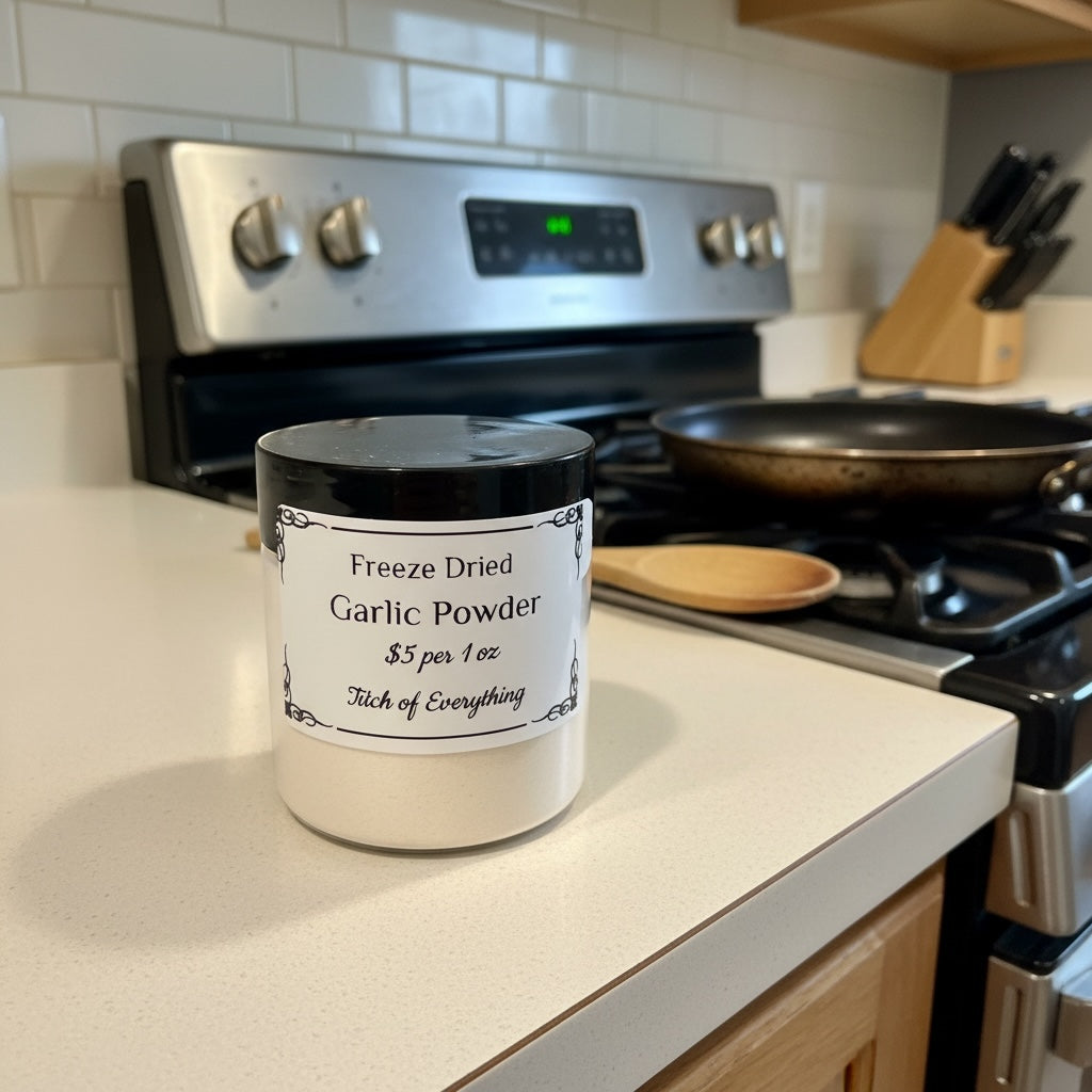 Titch of Everything freeze dried garlic powder in a white jar on a kitchen counter next to a stove and skillet.