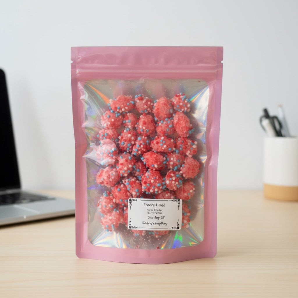 Titch of Everything freeze-dried berry punch gummy clusters in a resealable holographic pouch on a wooden desk.