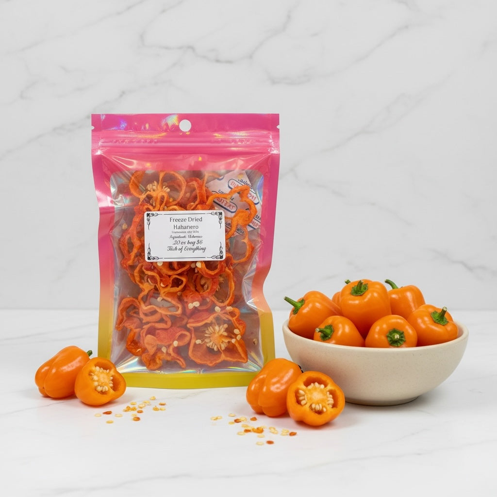 Titch of Everything freeze-dried orange habanero pepper slices in a pouch next to a bowl of fresh habanero peppers.