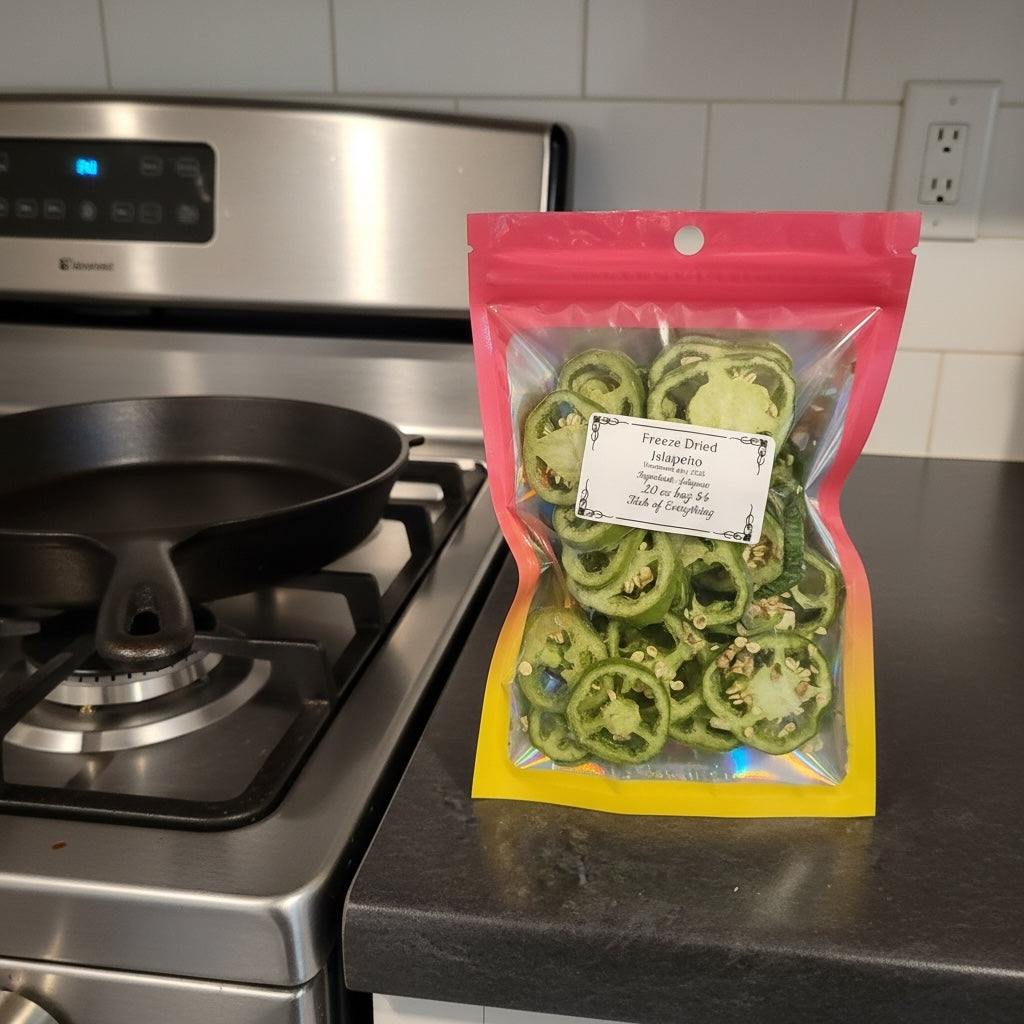 Titch of Everything freeze-dried jalapeno slices in a pink and yellow resealable pouch on a kitchen counter.