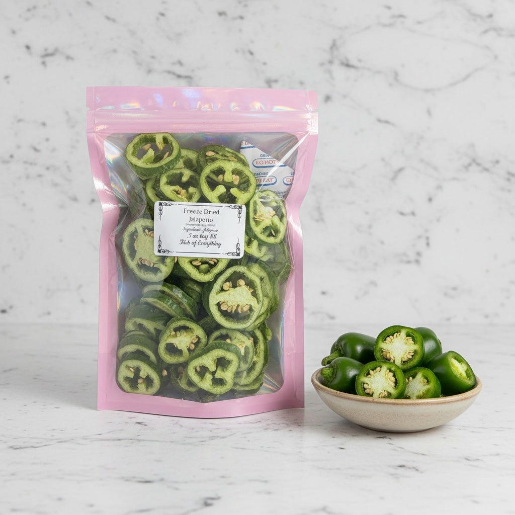 Titch of Everything freeze-dried jalapeño slices in a pink pouch next to a small bowl of fresh green jalapeño rounds.