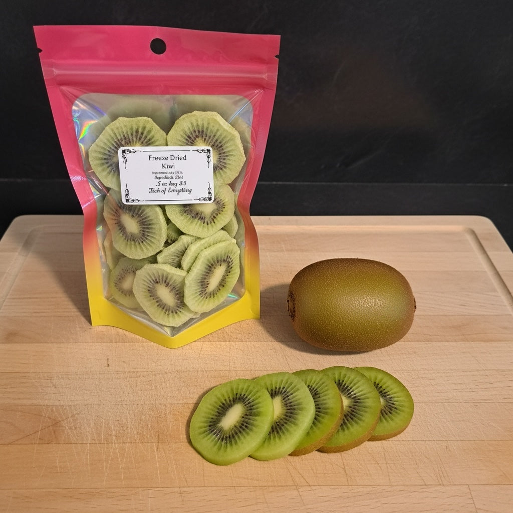Titch of Everything freeze-dried kiwi slices in a pouch next to a fresh whole kiwi and fresh kiwi slices on a board.