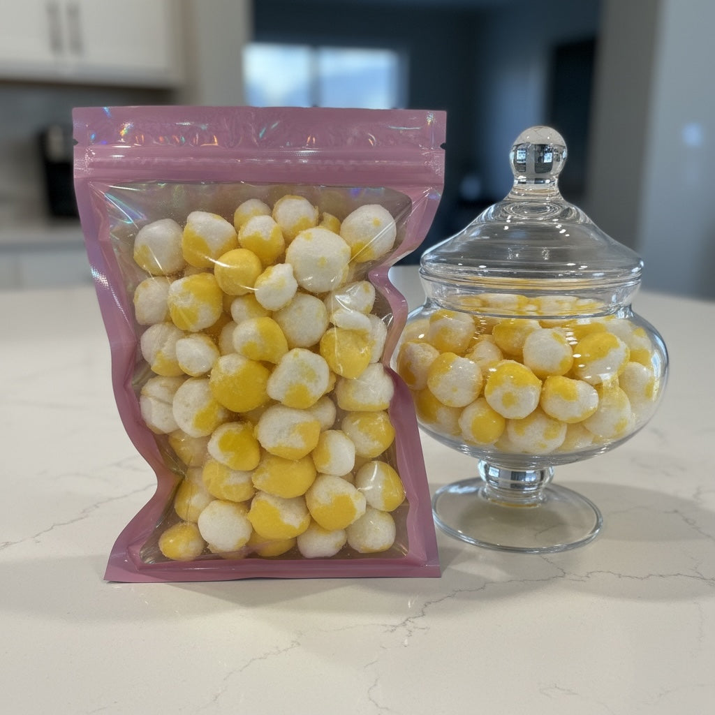 Titch of Everything freeze-dried lemon marshmallow candy bites in a resealable pouch and a glass jar on a kitchen counter.