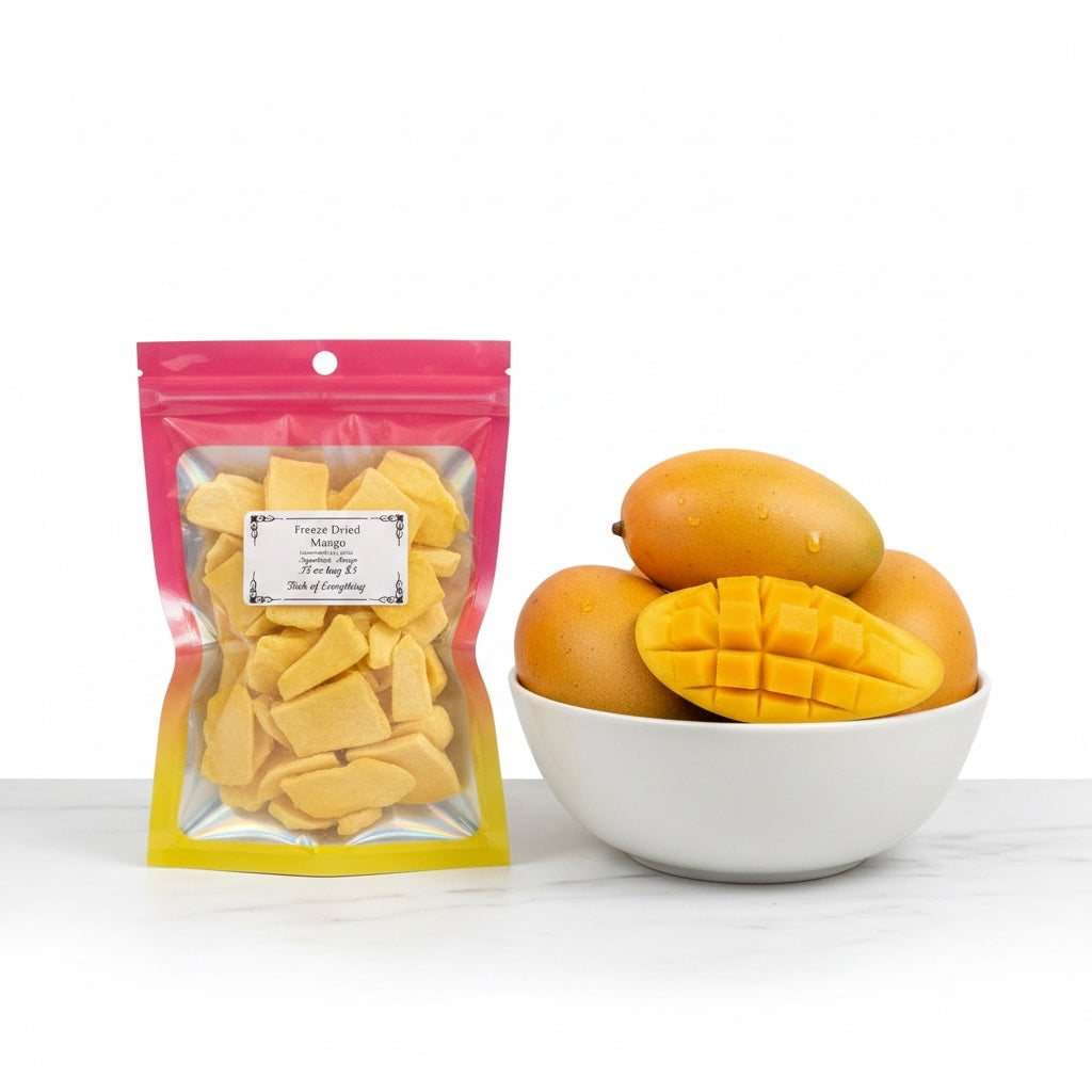 Titch of Everything freeze-dried mango snack in a pouch next to a bowl of fresh mangoes on a white surface.