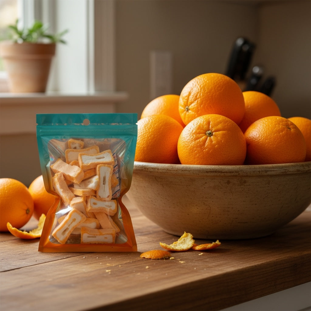 Titch of Everything freeze-dried orange segments in a resealable pouch next to a bowl of fresh oranges on a table.