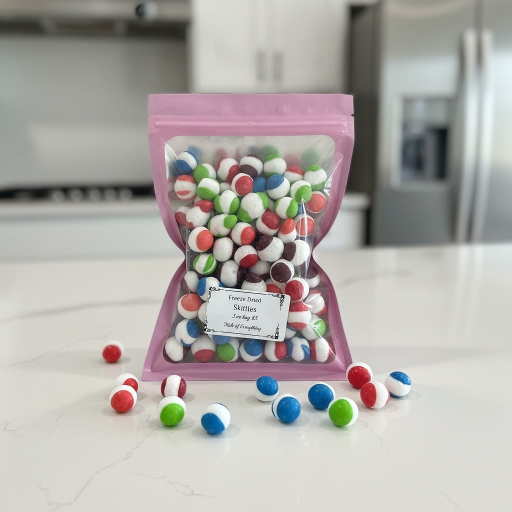 Titch of Everything freeze-dried Skittles in a resealable pink pouch with colorful crunchy candy pieces on a counter.