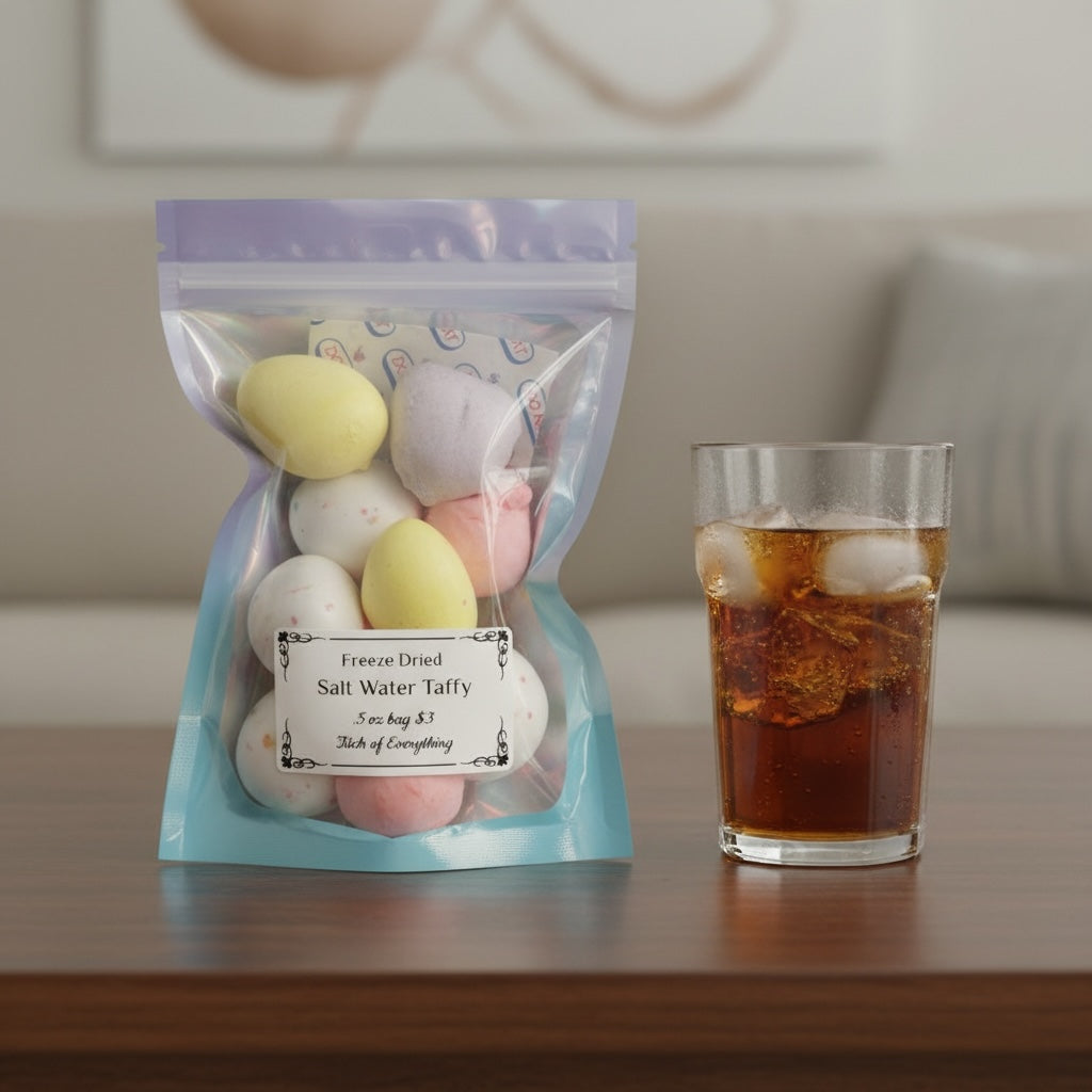 Titch of Everything freeze-dried salt water taffy in a resealable pouch next to a glass of iced soda on a table.