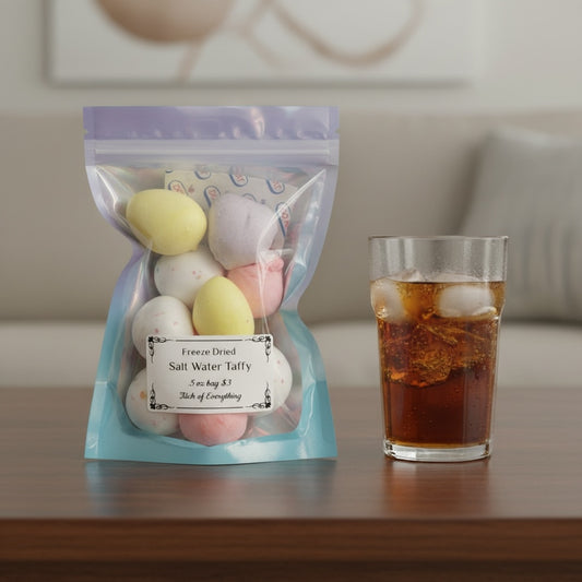 Titch of Everything freeze-dried salt water taffy in a resealable pouch next to a glass of iced soda on a table.