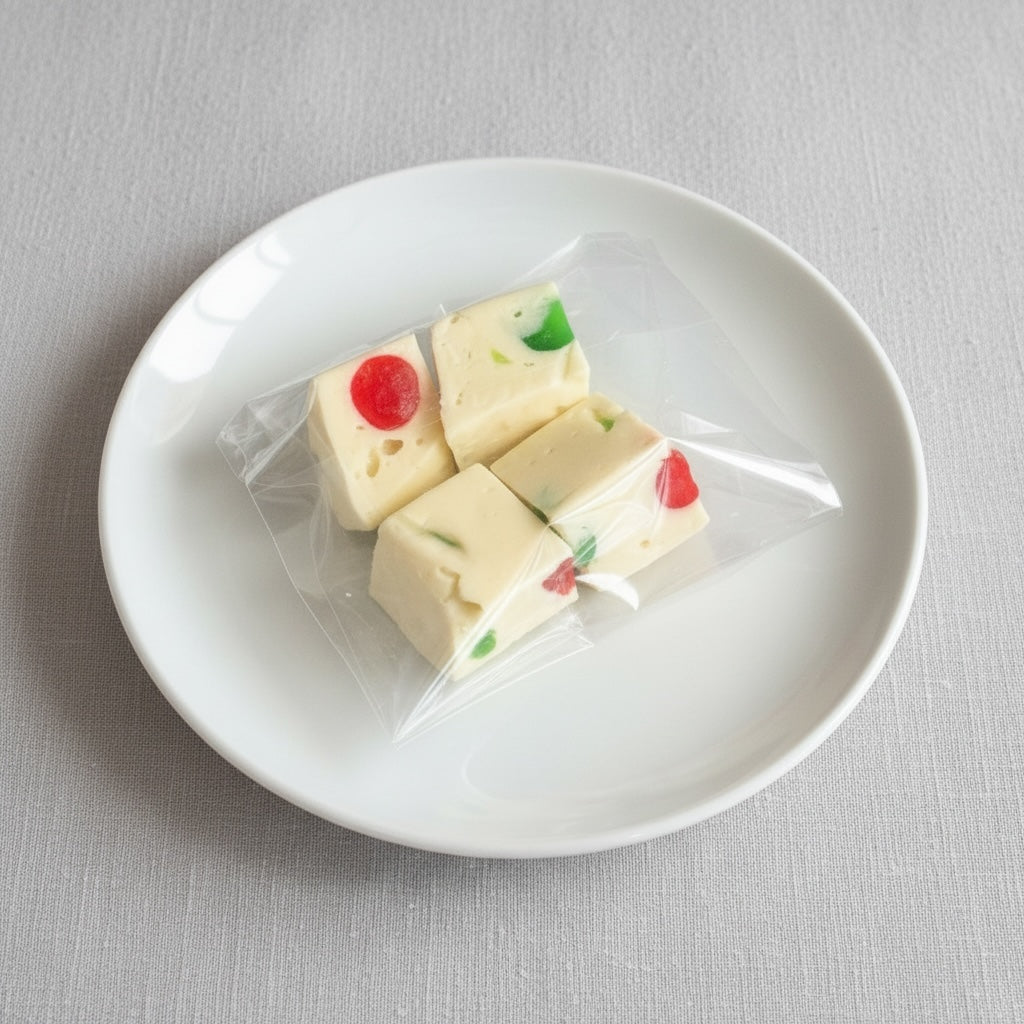 Titch of Everything handmade fudge squares with candied red and green fruit pieces on a white plate