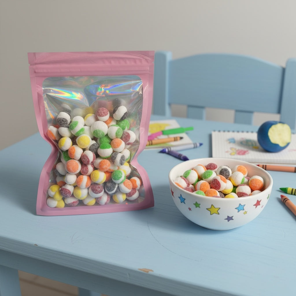 Titch of Everything fruit flavored chewy candy spheres in a pink resealable pouch and a star-patterned bowl.