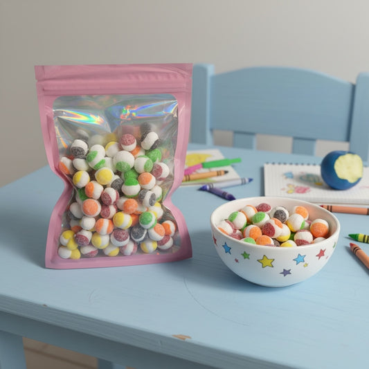 Titch of Everything fruit flavored chewy candy spheres in a pink resealable pouch and a star-patterned bowl.