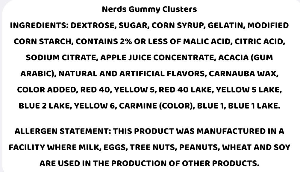 Titch of Everything freeze-dried gummy clusters ingredient list and allergen statement on a white background