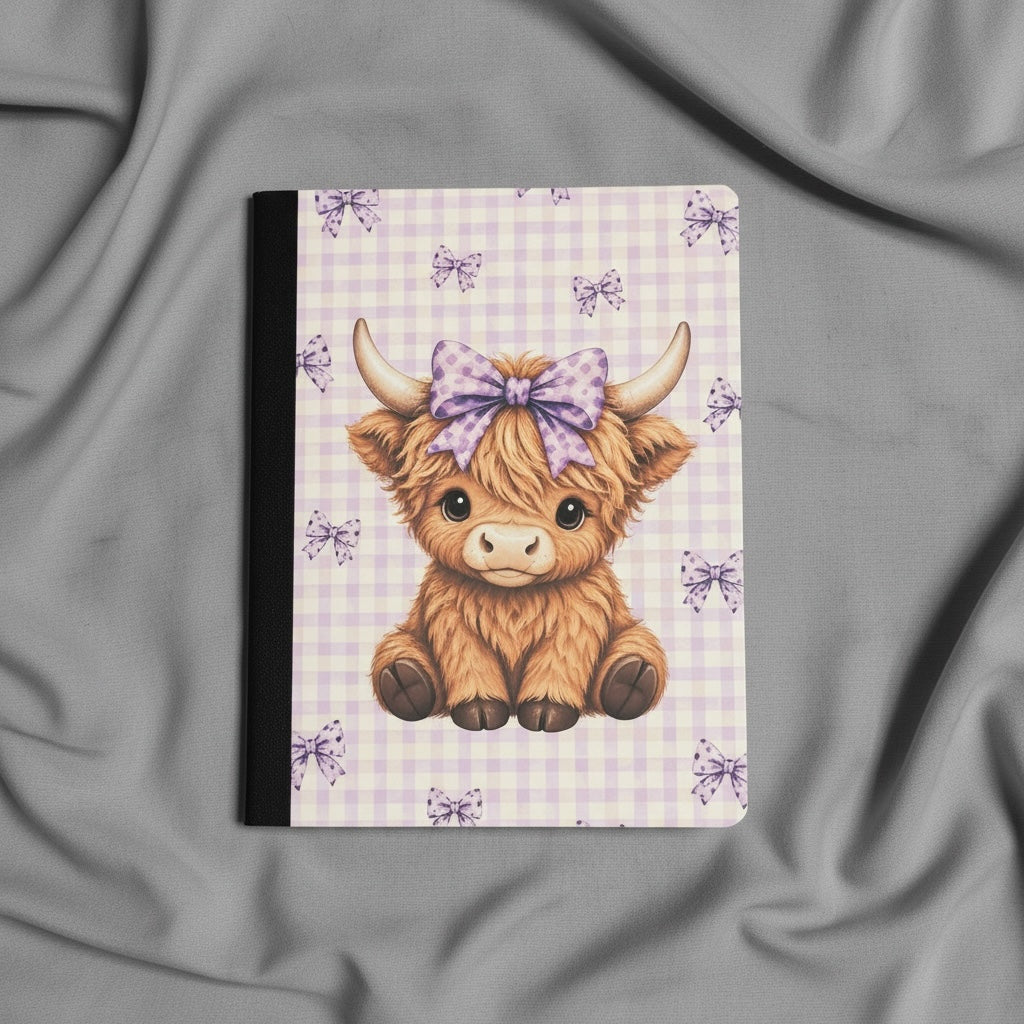 Titch of Everything hardcover journal featuring a fluffy Highland cow with a purple bow on a pastel gingham background.
