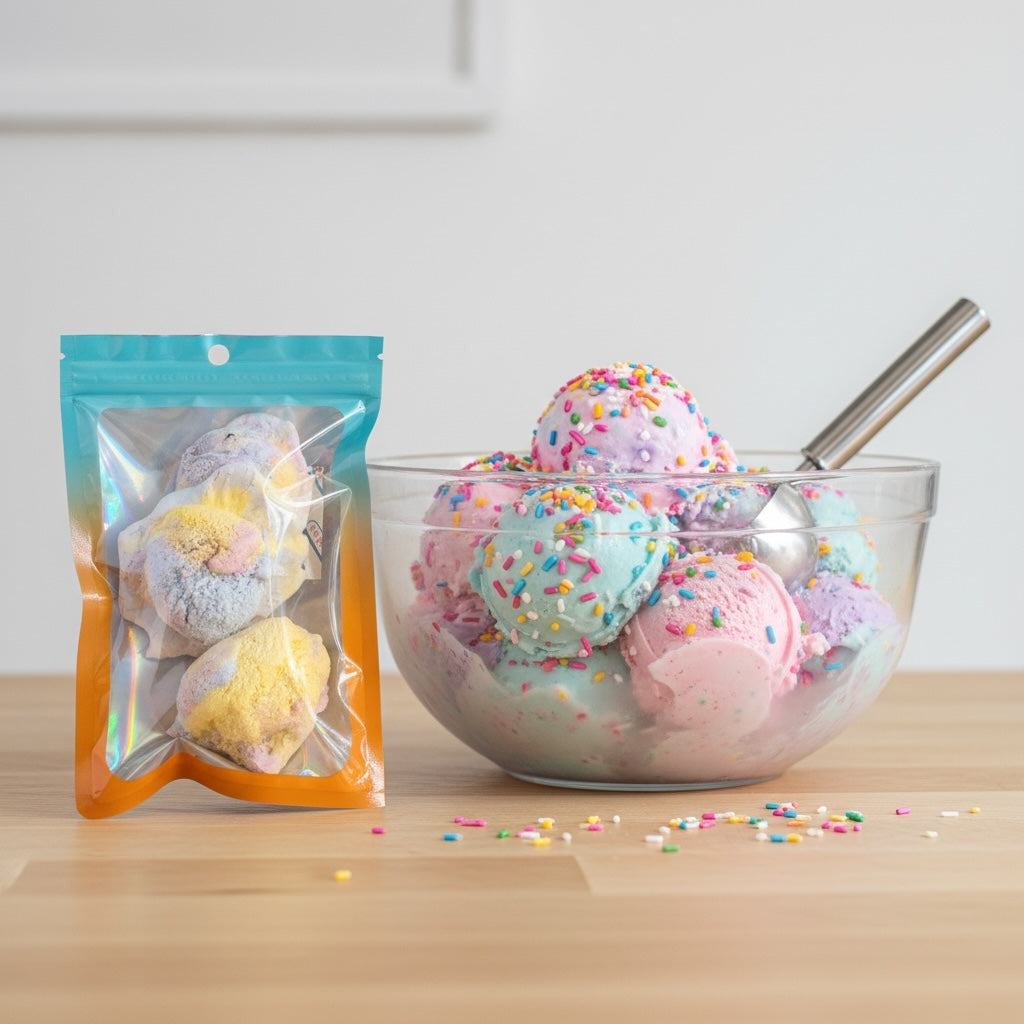 Titch of Everything ice cream bath bomb set with pastel scoops in a glass bowl and a sealed pouch on a wooden table.