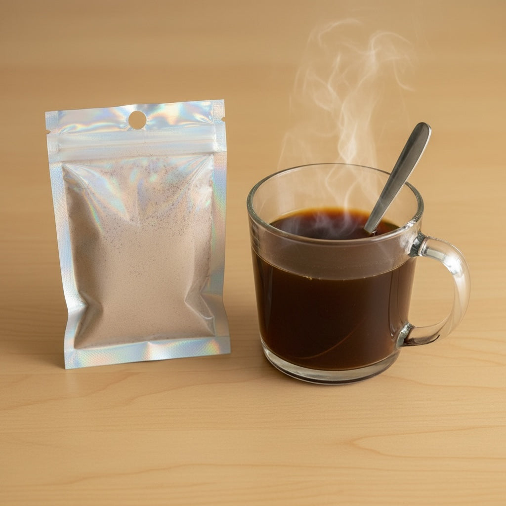 Titch of Everything instant coffee creamer in a holographic pouch next to a steaming glass mug of hot black coffee
