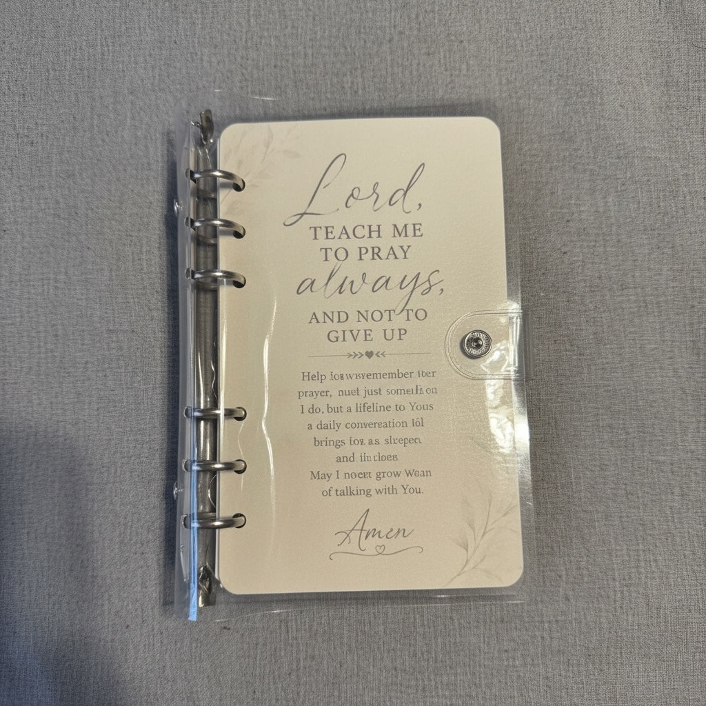 Titch of Everything prayer journal with a transparent cover, metal ring binder, and inspirational faith message.