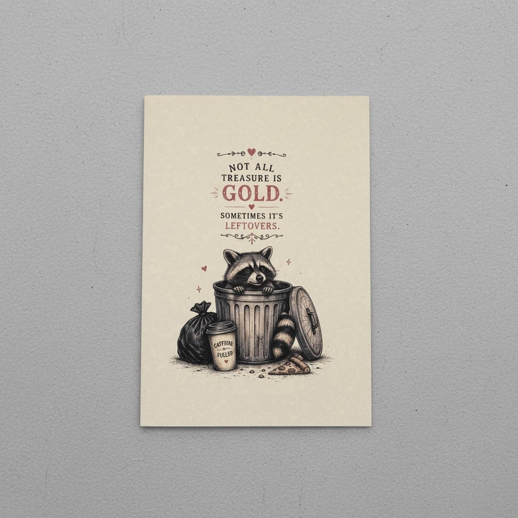 Titch of Everything illustrated journal featuring a cute raccoon in a trash can with the quote Not All Treasure Is Gold