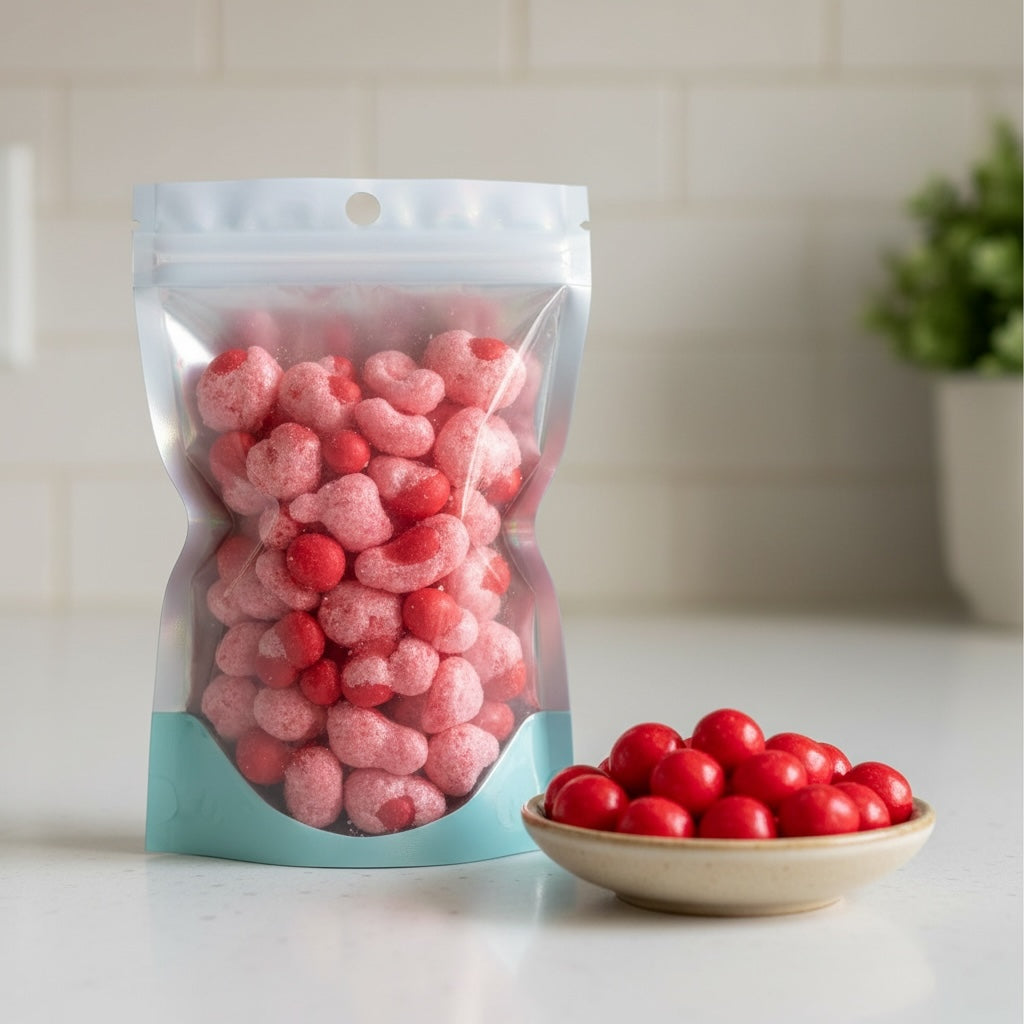 Titch of Everything red candy mix in a resealable pouch with a small bowl of sugar-dusted and smooth candy spheres.
