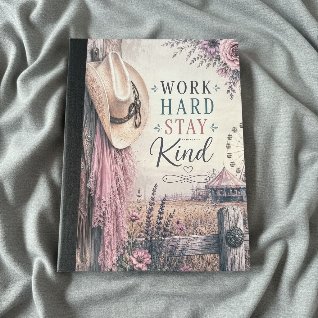 Titch of Everything rustic farmhouse canvas wall art featuring a cowboy hat, floral accents, and Work Hard Stay Kind text