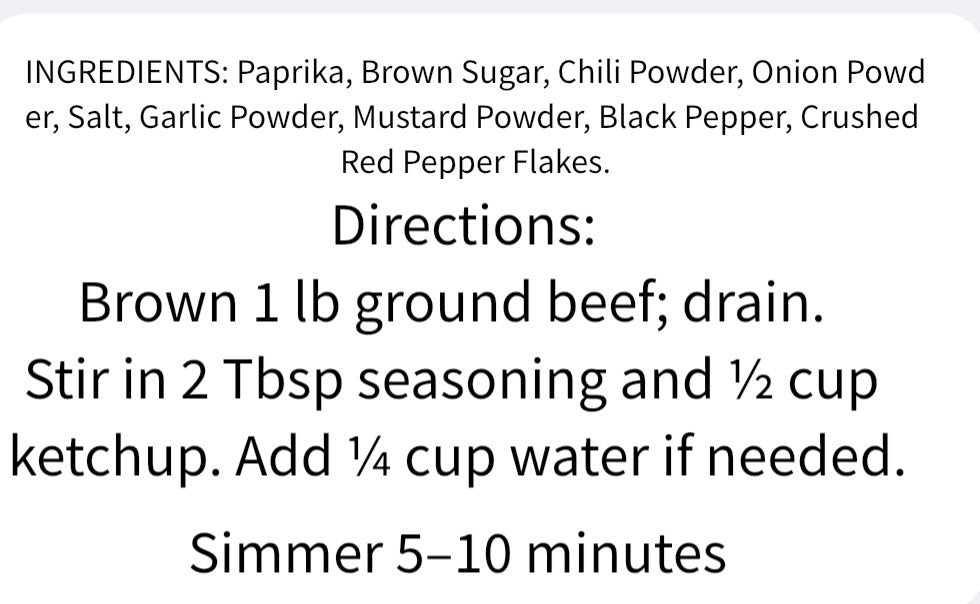 Titch of Everything Sloppy Joe seasoning mix ingredient list and cooking instructions on a white background