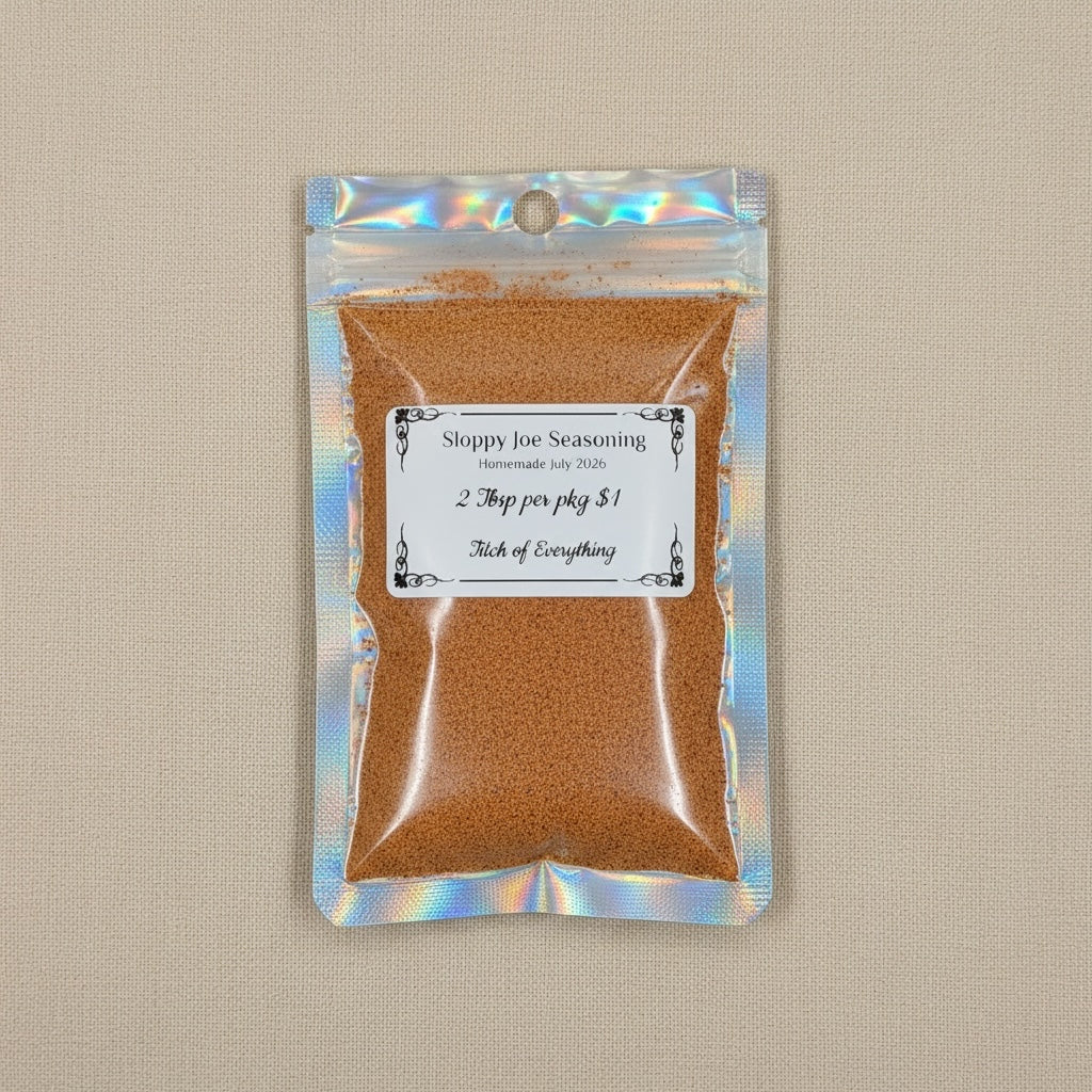 Titch of Everything Sloppy Joe seasoning mix in a small, resealable holographic pouch with a white product label.