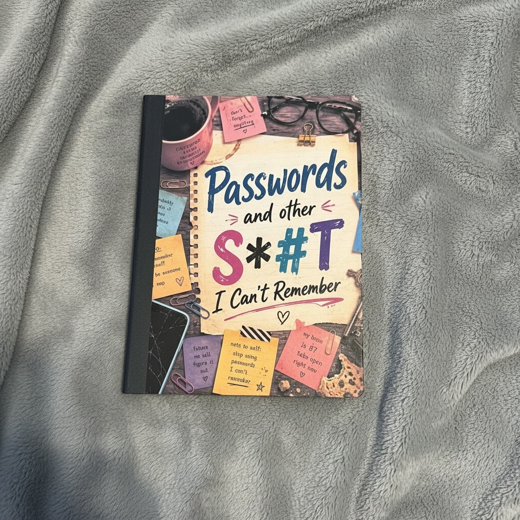 Titch of Everything spiral bound password keeper notebook with a humorous desk-themed cover on a grey blanket.