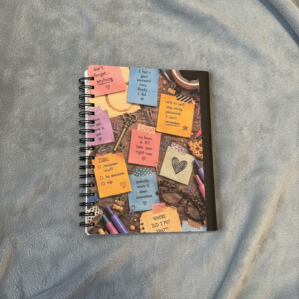 Titch of Everything spiral bound password keeper notebook with a colorful cover featuring sticky note designs.