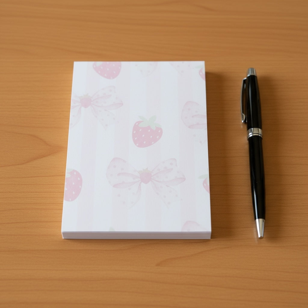 Titch of Everything pastel memo pad featuring strawberry and bow patterns next to a black ballpoint pen on a desk.