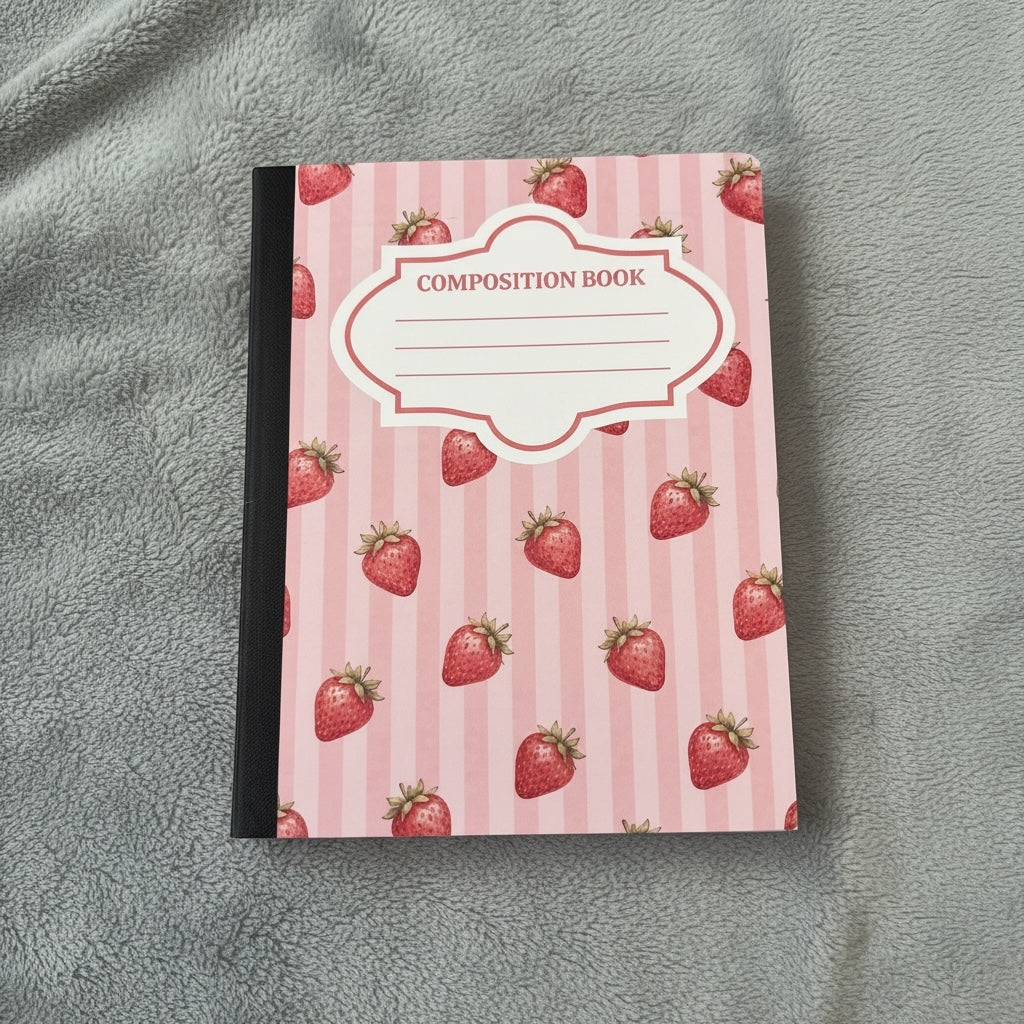 Titch of Everything strawberry patterned composition notebook with a pink striped cover and black spine on a grey blanket