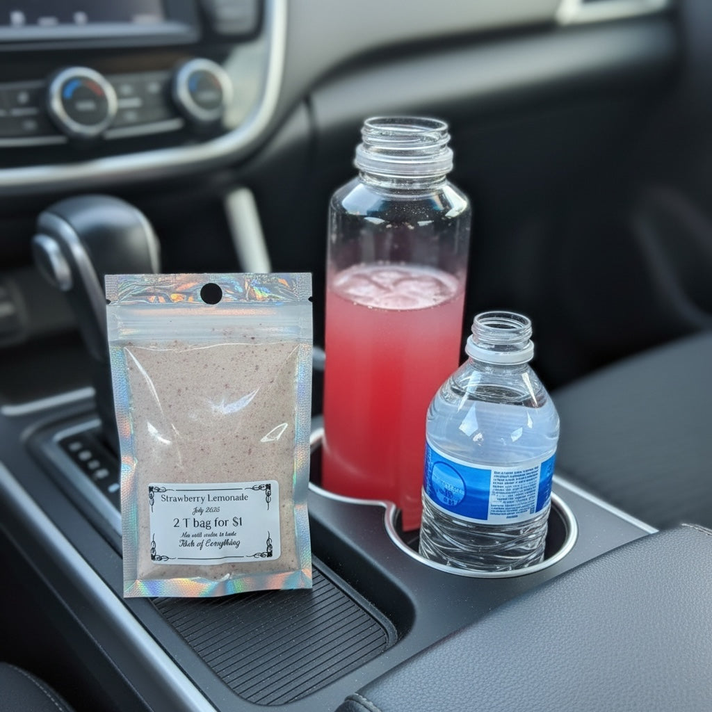 Titch of Everything strawberry lemonade drink mix packet next to a bottle of pink lemonade in a car cup holder