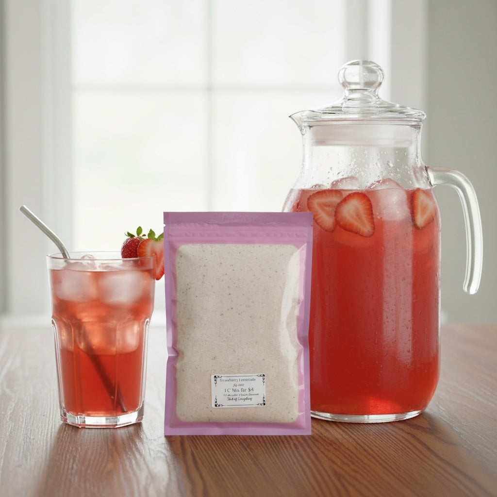 Titch of Everything strawberry lemonade drink mix powder pouch next to a glass and pitcher of prepared lemonade.